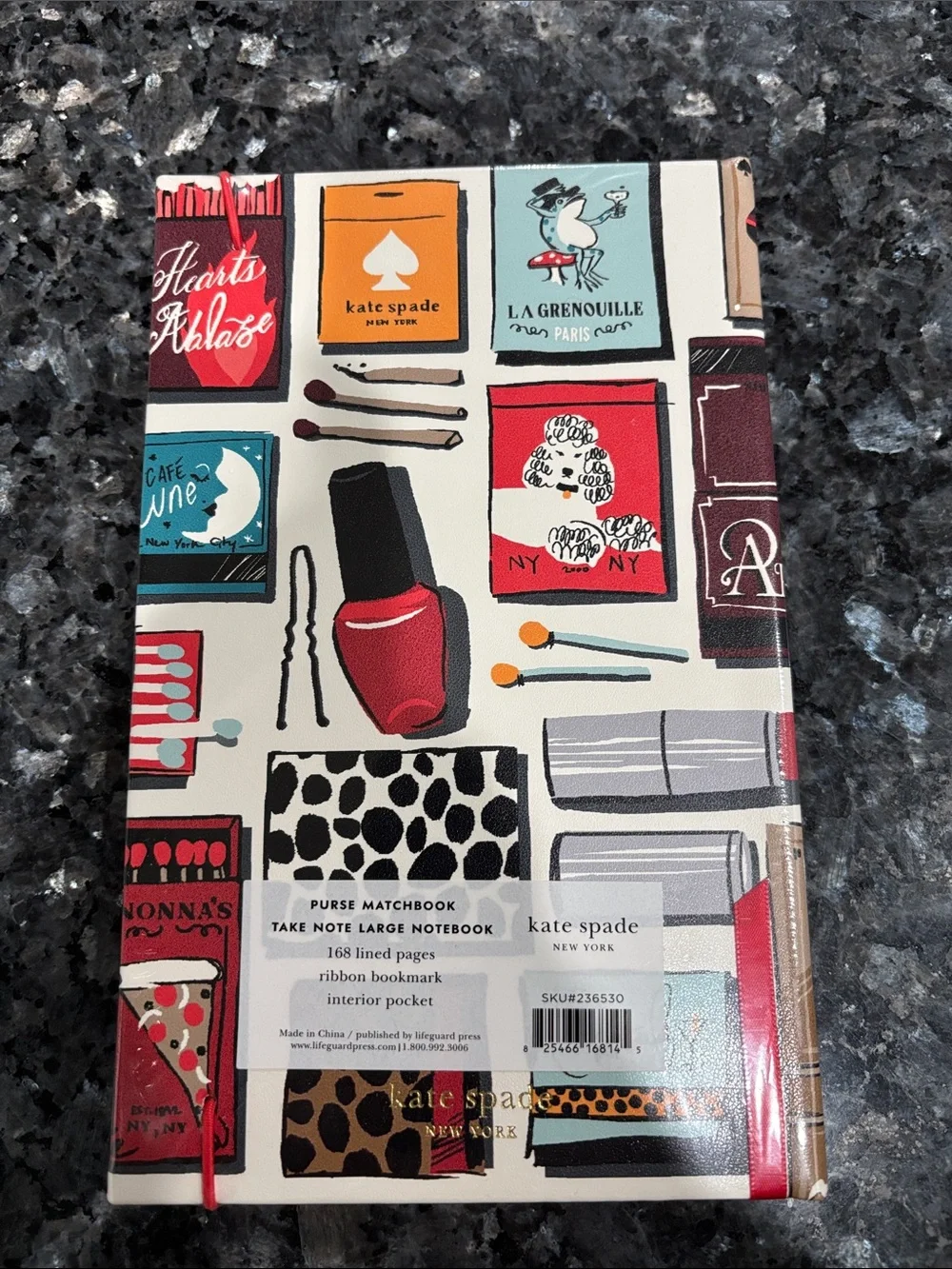kate spade Cream Notebook with Multicolor Icon Print and Red Elastic